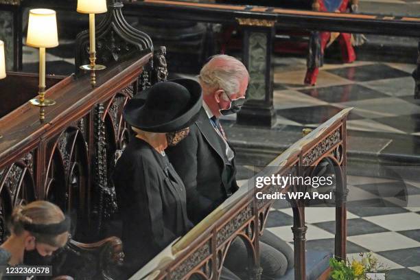 Prince Charles, Prince of Wales and Camilla, Duchess of Cornwall attend the funeral of Prince Philip, Duke of Edinburgh in St George’s Chapel at...