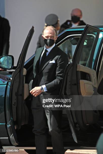 Prince Donatus, Landgrave of Hesse arrives at the Galilee Porch of St George's Chapel during the funeral of Prince Philip, Duke of Edinburgh, at...