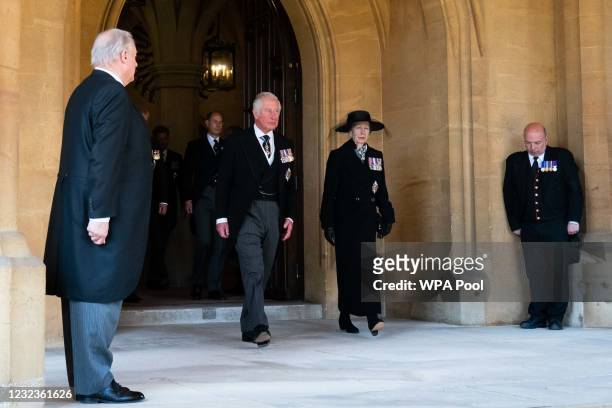 Princess Anne, Princess Royal, Prince Charles, Prince of Wales, Prince Edward, Earl of Wessex follow the Land Rover Defender hearse carrying the Duke...