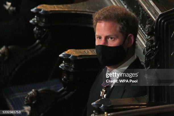 Prince Harry, Duke of Sussex attends the funeral of Prince Philip, Duke of Edinburgh in St George’s Chapel at Windsor Castle on April 17, 2021 in...