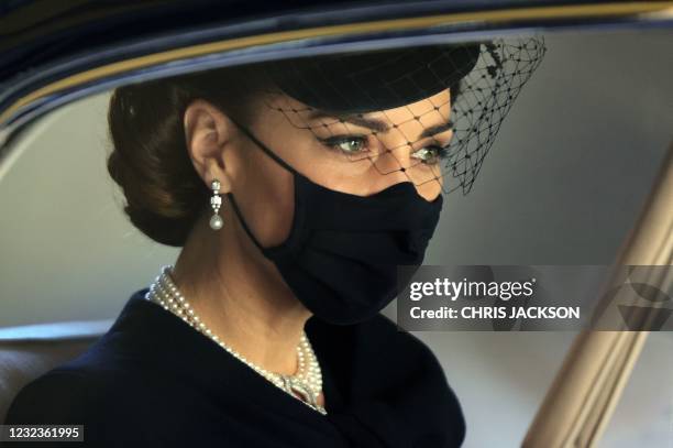 Britain's Catherine, Duchess of Cambridge, attends the funeral of Britain's Prince Philip, Duke of Edinburgh at St George's Chapel in Windsor Castle...