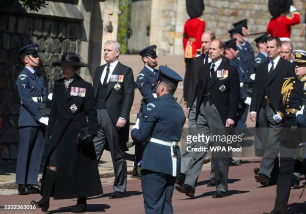 Princess Anne, Princess Royal, Prince Andrew, Duke of York, Prince Edward, Earl of Wessex, Prince William, Duke of Cambridge and Peter Phillips walk...