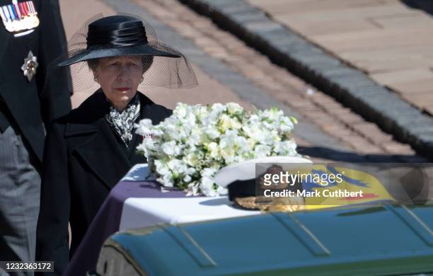 Princess Anne, Princess Royal during the funeral of Prince Philip, Duke of Edinburgh on April 17, 2021 in Windsor, England. Prince Philip of Greece...