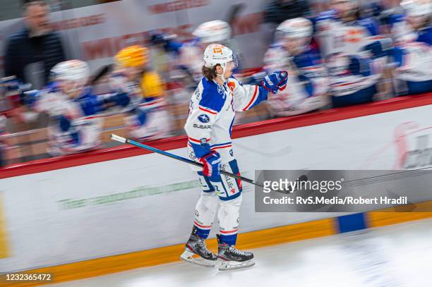 Roman Wick of ZSC Lions celebrates his goal with teammates during the Swiss National League Playoff game between Lausanne HC and ZSC Lion at Vaudoise...