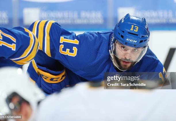 Tobias Rieder of the Buffalo Sabres prepares for a face-off during an NHL game against the Pittsburgh Penguins on April 17, 2021 at KeyBank Center in...