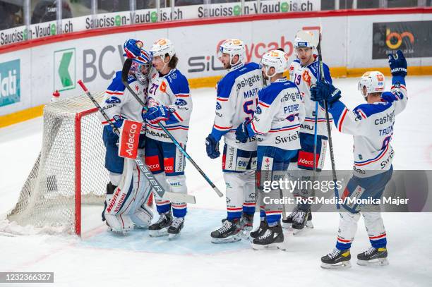 The ZSC Lions celebrate their victory after the Swiss National League Playoff game between Lausanne HC and ZSC Lions at Vaudoise Arena on April 17,...