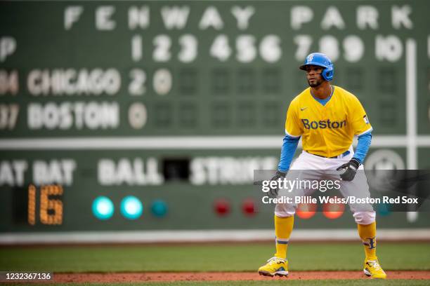 Xander Bogaerts of the Boston Red Sox runs the bases as he wears the Nike City Connect jersey during the second inning of a game against the Chicago...