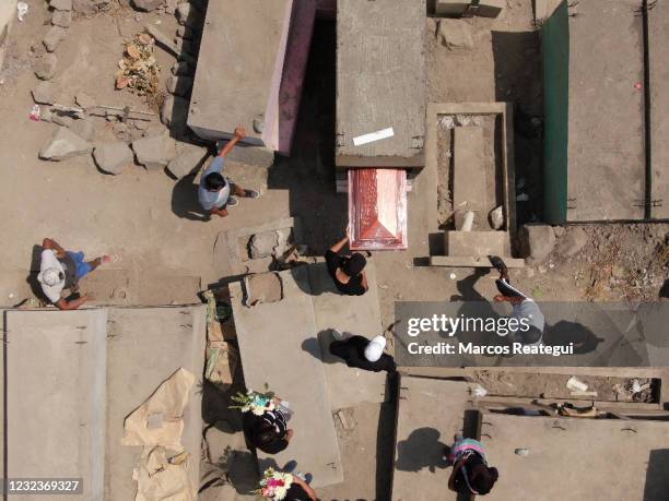Aerial view during the burial of Jesús Sánchez Turín who died of COVID according to his relatives, at "Martires 19 de Julio" cemetery on April 17,...