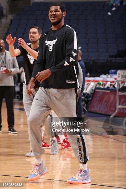 Cristiano Felicio of the Chicago Bulls smiles prior to the game against the Memphis Grizzlies on April 12, 2021 at FedExForum in Memphis, Tennessee....