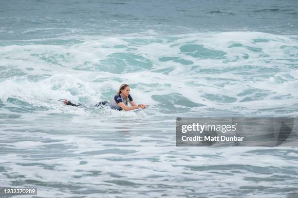 Laura Enever of Australia surfing in Heat 1 of Round 2 of the Rip Curl Narrabeen Classic presented by Corona on April 18, 2021 in Narrabeen,...