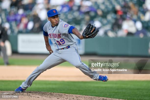 New York Mets relief pitcher Edwin Diaz pitches against the Colorado Rockies during a game one of a doubleheader between the Colorado Rockies and the...