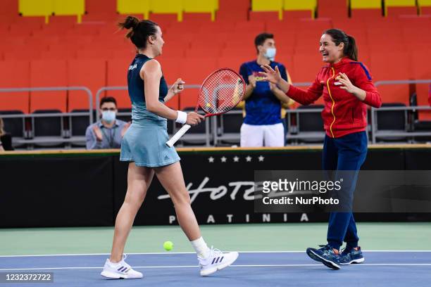 Elena Gabriela Ruse , player of team Romania and Monica Niculescu Right) captain of team Romania, after winning the match against Jasmine Paolini,...