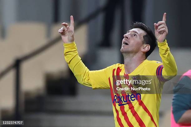 Lionel Messi of FC Barcelona celebrate a goal during the Copa Del Rey Final match between Athletic Club and FC Barcelona at Estadio de La Cartuja in...