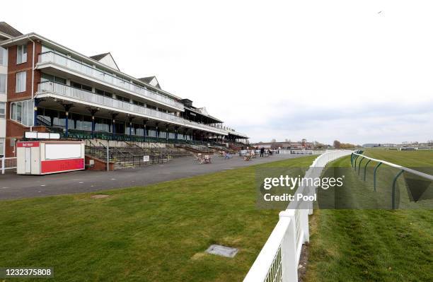 General view of the empty stands on Grand National Day during the Coral Scottish Grand National Festival at Ayr Racecourse on April 18, 2021 in Ayr,...