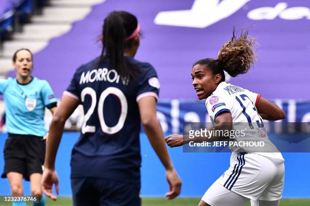 Lyons US midfielder Catarina Macario celebrates after scoring a goal during the UEFA Womens Champions League quarter final football match between...