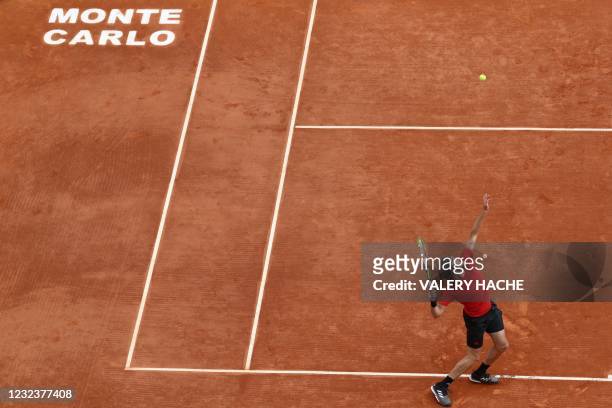 Greece's Stefanos Tsitsipas serves during the final singles match against Russia's Andrey Rublev on day nine of the Monte-Carlo ATP Masters Series...