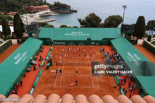This photograph taken on April 18, 2021 shows a general view of the Rainier III court ahead of the final singles match on day nine of the Monte-Carlo...