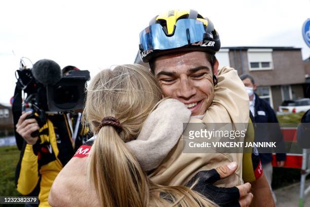 Belgium's Wout van Aert celebrates his victory with his wife Sarah De Bie following the Amstel Gold Race in Valkenburg on April 18, 2021. - Wout van...