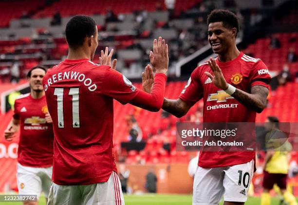 Mason Greenwood of Manchester United celebrates scoring a goal to make the score 1-0 with Marcus Rashford during the Premier League match between...