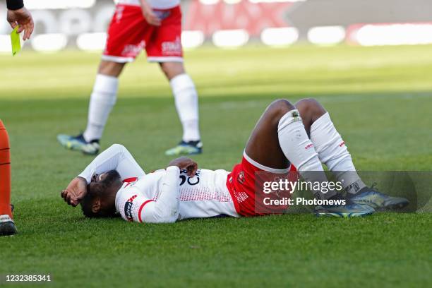 Fabrice Olinga forward of Mouscron during the Jupiler Pro League between Club Brugge and Royal Excel Mouscron at the Jan Breydel stadium on April 18,...