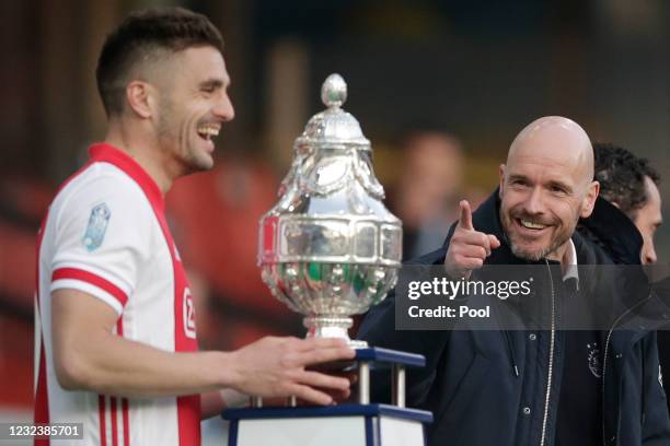 Ajaxs head coach Erik ten Hag gestures as captain Dusan Tadic is about to lift the trophy after winning the TOTO KNVB Cup final soccer match between...