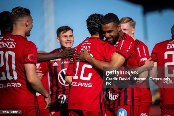 Players of Ostersunds FK celebrates after the 5-0 goal during the Allsvenskan match between Ostersunds FK and Orebro SK at Jamtkraft Arena on April...