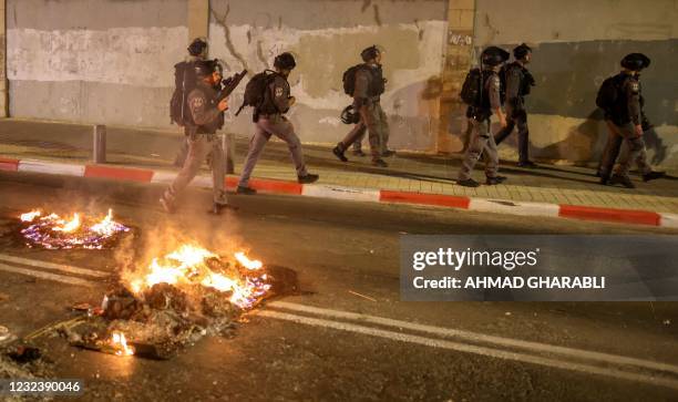 Israeli security forces are seen in the city of Jaffa near Tel Aviv following clashes with Arab protesters, on April 18, 2021 in Israel. - Clashes...