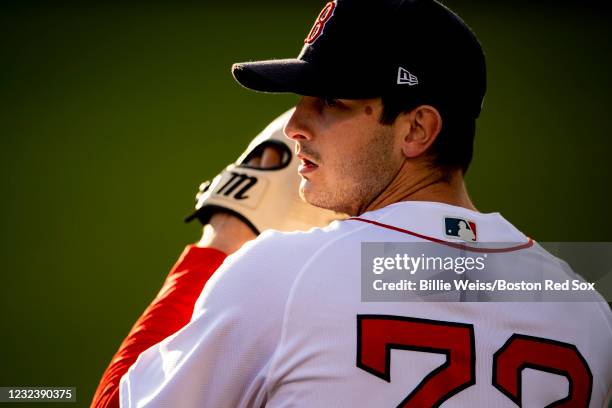 Garrett Whitlock of the Boston Red Sox warms up in the bullpen during a game against the Chicago White Sox on April 18, 2021 at Fenway Park in...