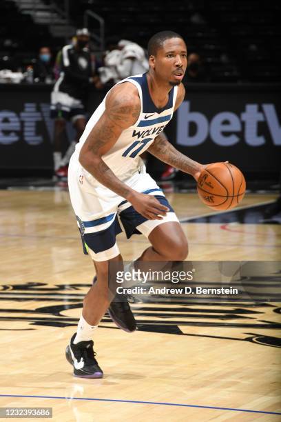 Ed Davis of the Minnesota Timberwolves dribbles the ball during the game against the LA Clippers on April 18, 2021 at STAPLES Center in Los Angeles,...