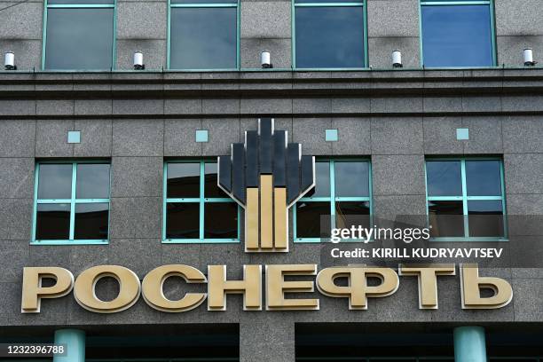 The logo of Russia's oil producer Rosneft is pictured on its headquarters in Moscow on April 18, 2021.