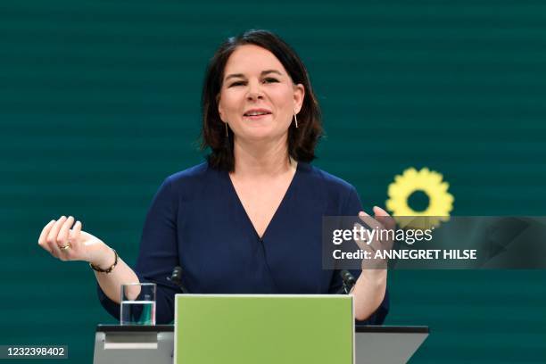 Co-leader of Germany's Green party Annalena Baerbock gives a speech during a digital announcement event on the party's federal election campaign and...