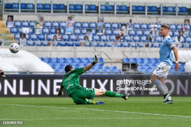 Ciro Immobile of S.S. Lazio scores a goal during the 2020-2021 Italian Serie A Championship League match between S.S. Lazio and Benevento Calcio at...