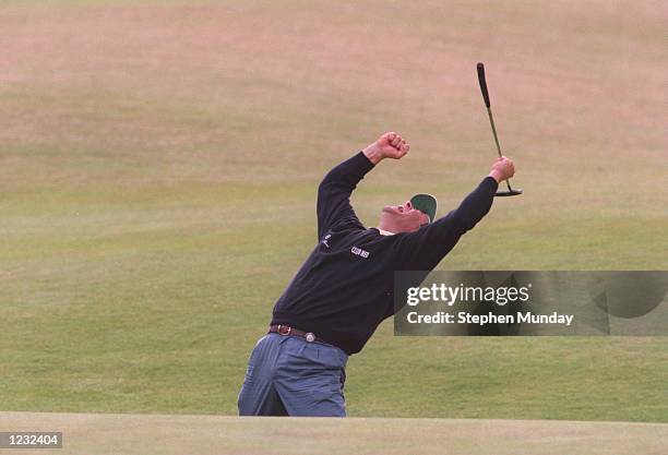 Costantino ROCCA OF ITALY CELEBRATES AFTER HOLING HIS PUTT ON THE 18TH GREEN TO GO INTO A PLAYOFF AGAINST JOHN DALY DURING THE FINAL ROUND OF THE...