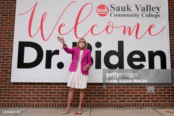 First Lady Jill Biden arrives for a visit to the Sauk Valley Community College, in Dixon, Illinois,on April 19, 2021. - Biden and Education Secretary...