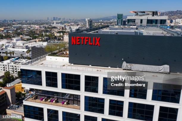 Signage outside the Netflix Inc. Office building on Sunset Boulevard in Los Angeles, California, U.S. On Monday, April 19, 2021. Netflix Inc. Is...