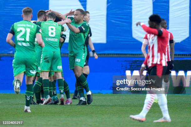 Jordy Tutuarima of De Graafschap celebrates 0-1 with Jesse Schuurman of De Graafschap, Danny Verbeek of De Graafschap, during the Dutch Keuken...