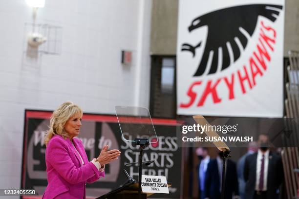 First lady Jill Biden speaks during a visit to Sauk Valley Community College, in Dixon, Illinois, on April 19, 2021.