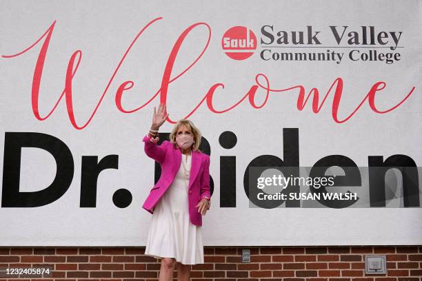First Lady Jill Biden arrives for a visit to the Sauk Valley Community College, in Dixon, Illinois,on April 19, 2021. - Biden and Education Secretary...