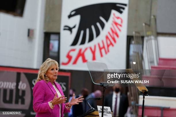 First lady Jill Biden speaks during a visit to Sauk Valley Community College, in Dixon, Illinois, on April 19, 2021.