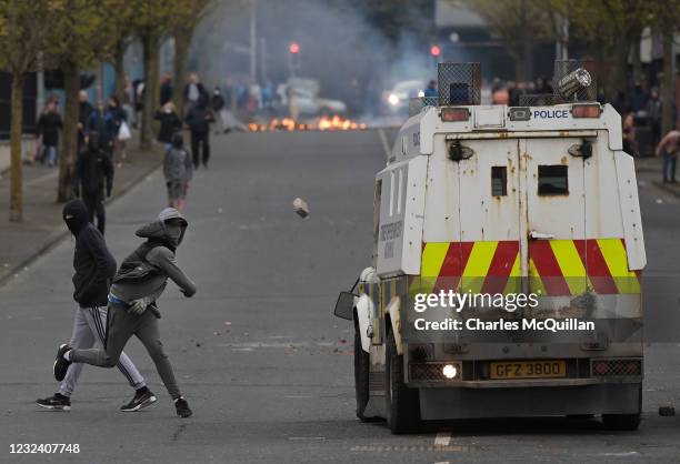 Loyalists clash with police on Lanark Way as they restart their protests against the Irish sea border and the NI Protocol on April 19, 2021 in...