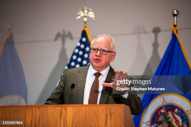 Minnesota Governor Tim Walz speaks during a press conference about public safety as the Derek Chauvin murder trial goes to jury deliberations on...