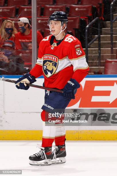 Nikita Gusev of the Florida Panthers skates during a break in action against the Columbus Blue Jackets at the BB&T Center on April 19, 2021 in...
