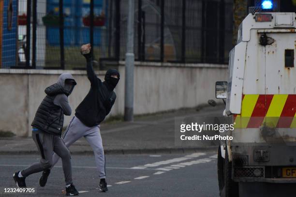 Loyalist protesters during further unrest on Lanark Way in Belfast. The cause of the unrest was the frustration over the decision not to prosecute...