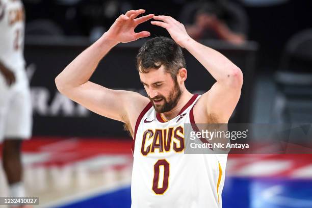 Kevin Love of the Cleveland Cavaliers reacts during the fourth quarter of the NBA game against the Detroit Pistons at Little Caesars Arena on April...