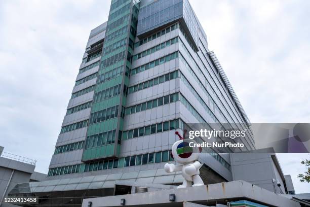 Building in TVB City, which is where the Hong Kong Broadcaster Television Broadcasts Limited is located in Hong Kong, China on April 20, 2021....