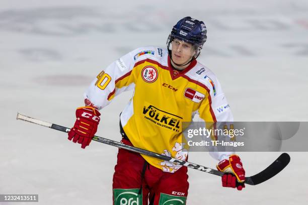 Ken Andre Olimb of Duesseldorfer EG looks on the Penny DEL match between EHC Red Bull München and Düsseldorfer EG at Olympia Eishalle on April 18,...