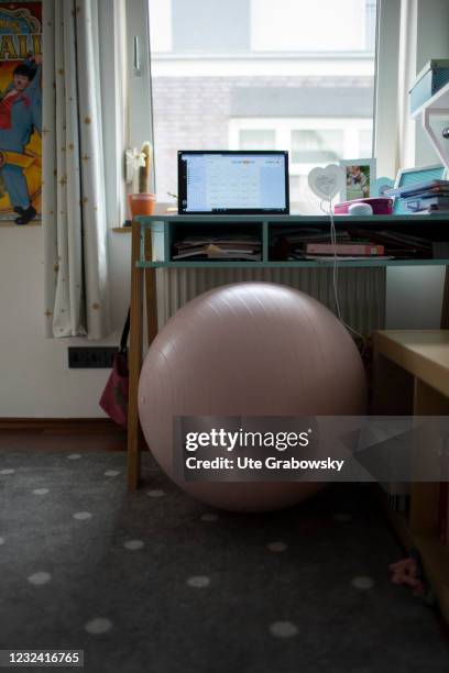 Bonn, Germany In this photo illustration a children´s desk with a laptop on April 16, 2021 in Bonn, Germany.