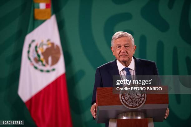 Mexican President Andres Manuel Lopez Obrador speaks during his daily morning press conference at the National Palace in Mexico City on April 20,...