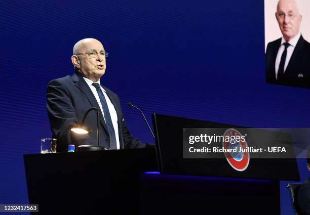 Honorary Member Michael van Praag during the 45th Ordinary UEFA Congress at 2m2c Montreux Music & Convention Centre on April 20, 2021 in Montreux,...