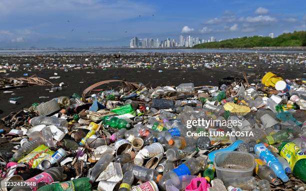 Garbage, including plastic waste, is seen at the beach of Costa del Este, in Panama City, on April 19, 2021. - Every two weeks, Marine Biology...